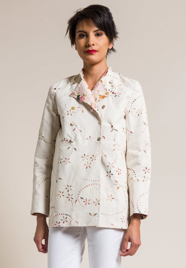 Péro by Aneeth Arora Linen and Silk/Cotton Reversible Floral Jacket in Cream & Pink