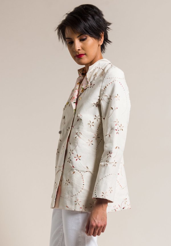 Péro by Aneeth Arora Linen and Silk/Cotton Reversible Floral Jacket in Cream & Pink