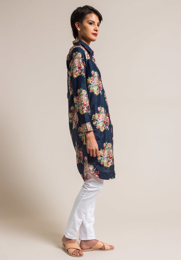 Péro by Aneeth Arora Silk Pink Floral Button-Down Tunic Top in Navy Blue