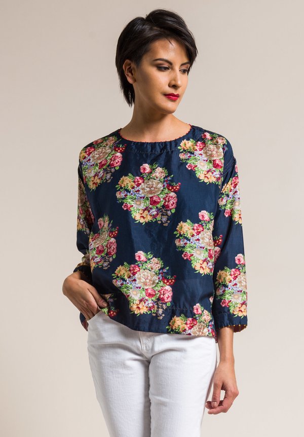 Péro by Aneeth Arora Silk Oversized Pink Floral Print Top in Navy Blue