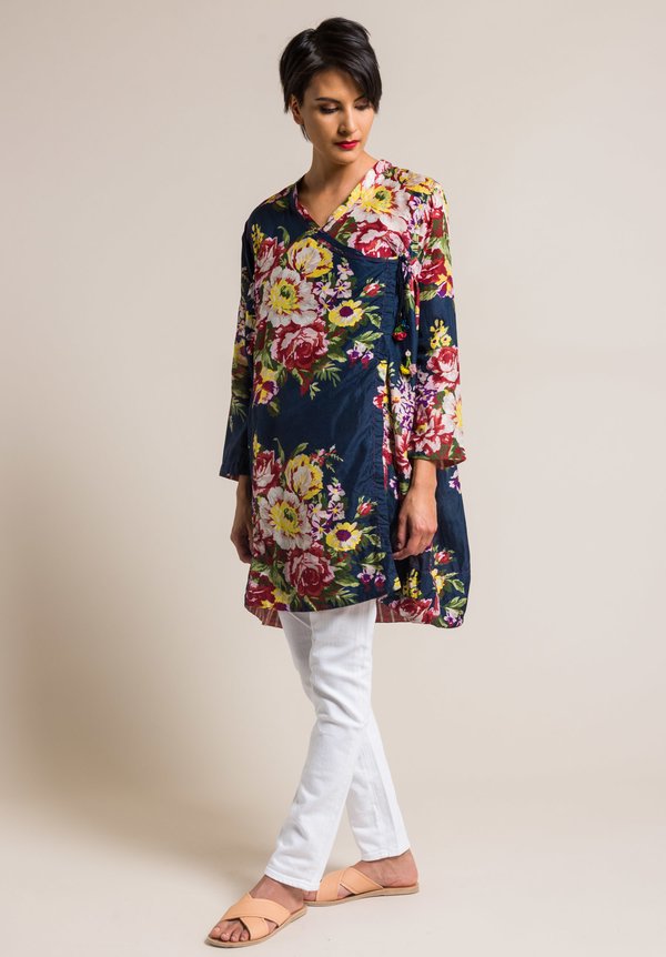 Péro by Aneeth Arora Silk Oversized Crossover Large Flower Print Top in Navy Blue