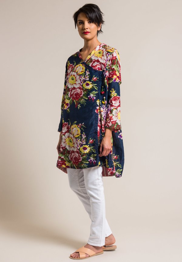 Péro by Aneeth Arora Silk Oversized Crossover Large Flower Print Top in Navy Blue