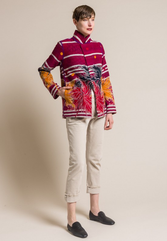 Mieko Mintz 4-Layer Vintage Cotton Simple Jacket in Maroon/Cream