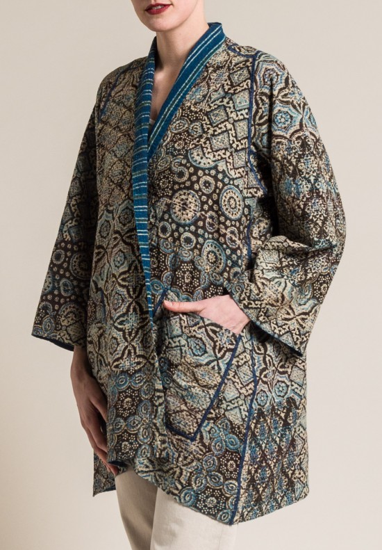 Mieko Mintz 2-Layer Ajrakh Print A-Line Jacket in Brown/Blue
