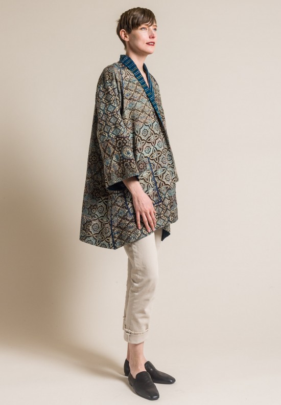 Mieko Mintz 2-Layer Ajrakh Print A-Line Jacket in Brown/Blue