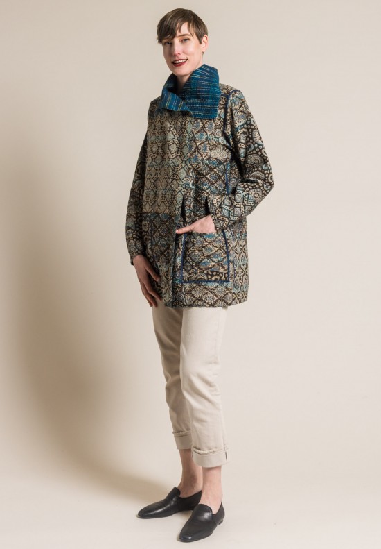 Mieko Mintz 2-Layer Ajrakh Print Pocket Jacket in Brown/Blue