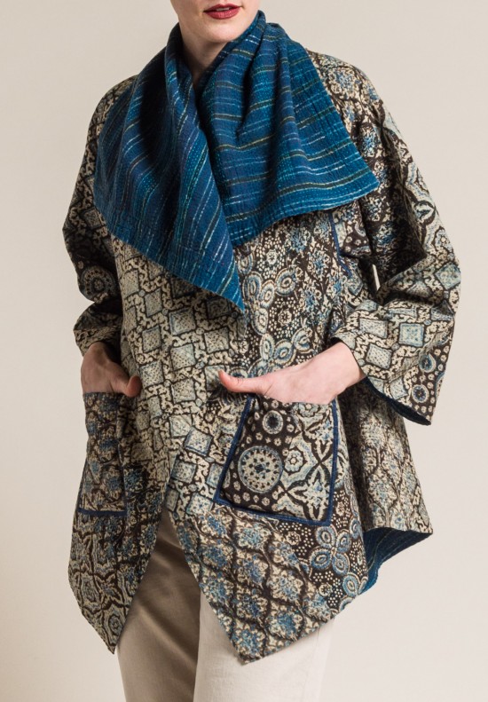 Mieko Mintz 2-Layer Ajrakh Print Long Circular Jacket in Brown/Blue ...