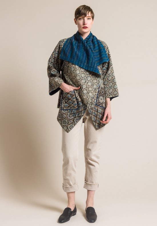 Mieko Mintz 2-Layer Ajrakh Print Long Circular Jacket in Brown/Blue