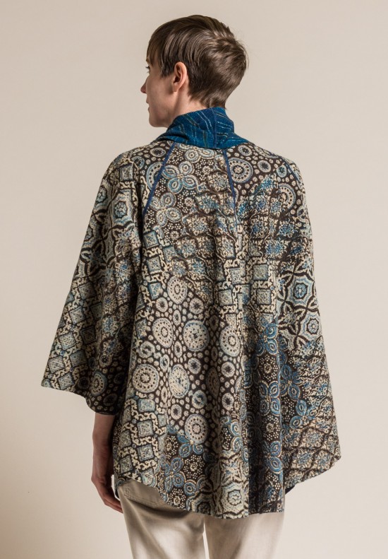 Mieko Mintz 2-Layer Ajrakh Print Long Circular Jacket in Brown/Blue