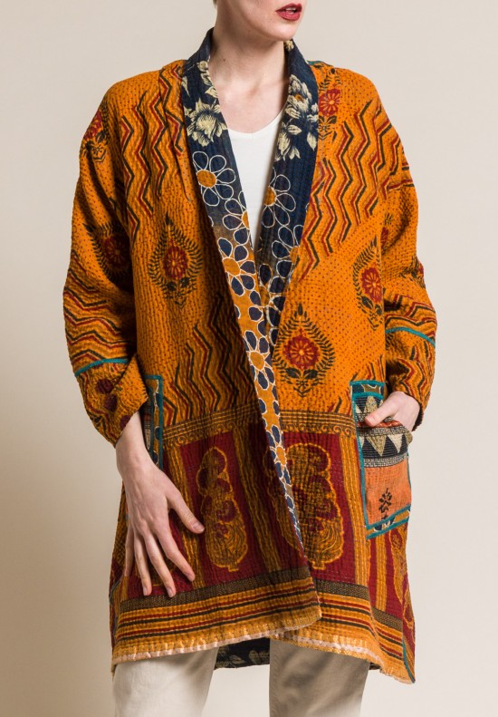 Mieko Mintz 4-Layer Vintage Cotton Long Kimono Jacket in Rust/Black ...