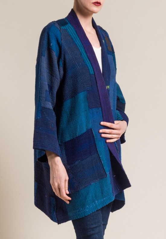 Mieko Mintz 4-Layer Indigo Frayed Patch A-Line Jacket in Indigo/Purple