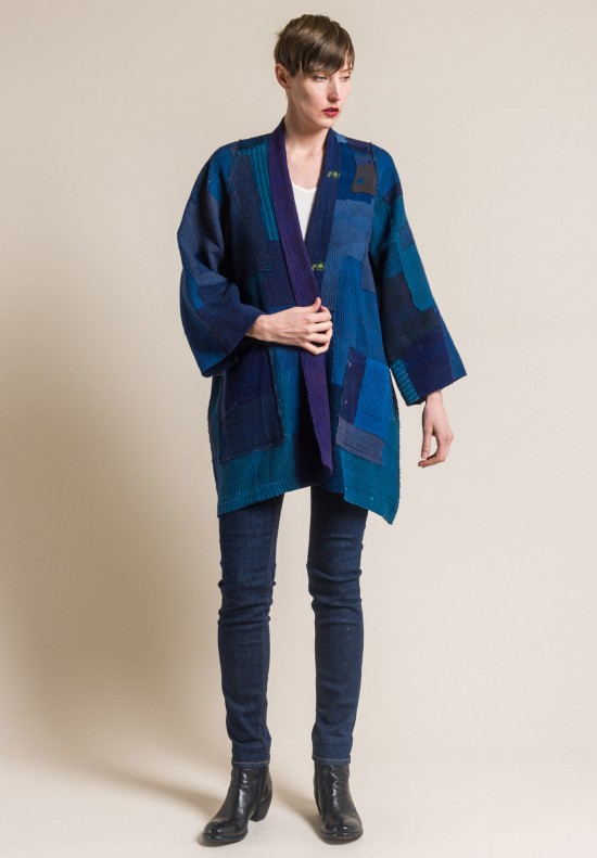 Mieko Mintz 4-Layer Indigo Frayed Patch A-Line Jacket in Indigo/Purple