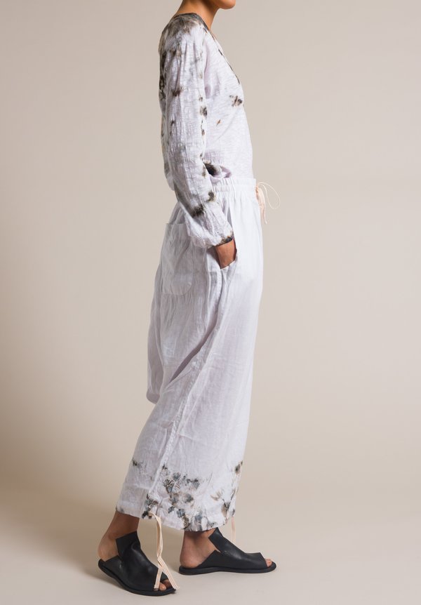 Gilda Midani White Linen Drop Crotch Y Pants in Grey Stain Print