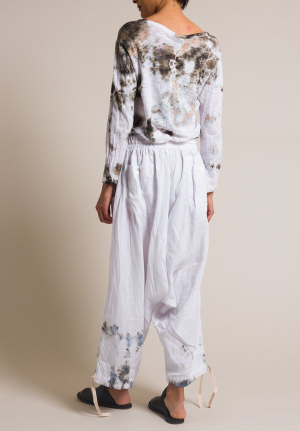 Gilda Midani White Linen Drop Crotch Y Pants in Grey Stain Print