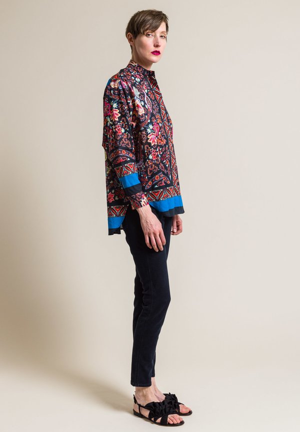 Etro Paisley and Floral Cotton Band Collar Shirt in Black/Turquoise