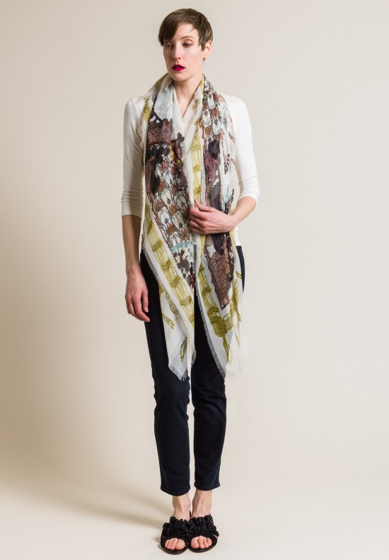 Etro Sheer Silk Leaf and Ornament Scarf in White