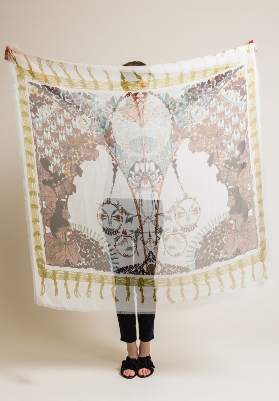 Etro Sheer Silk Leaf and Ornament Scarf in White