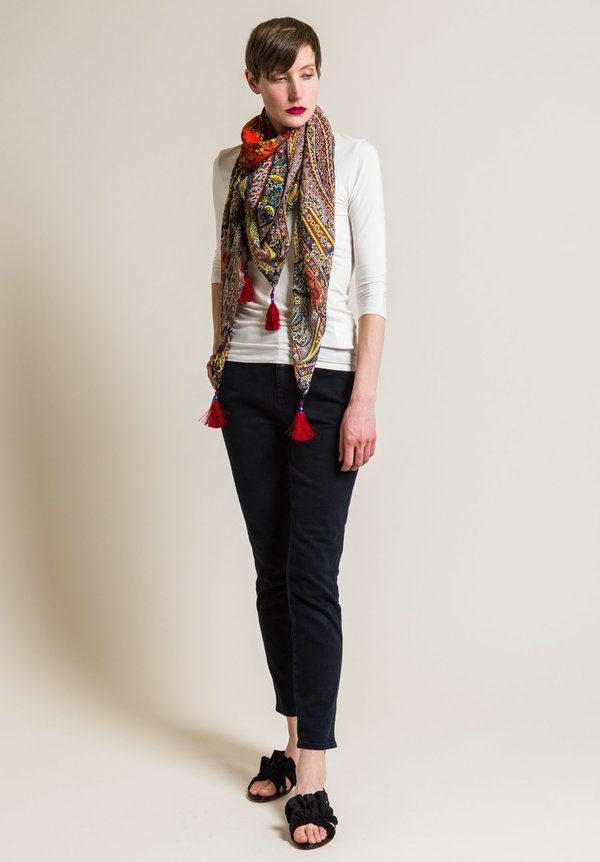 Etro Silk Paisley Tassel Scarf in Multi Red