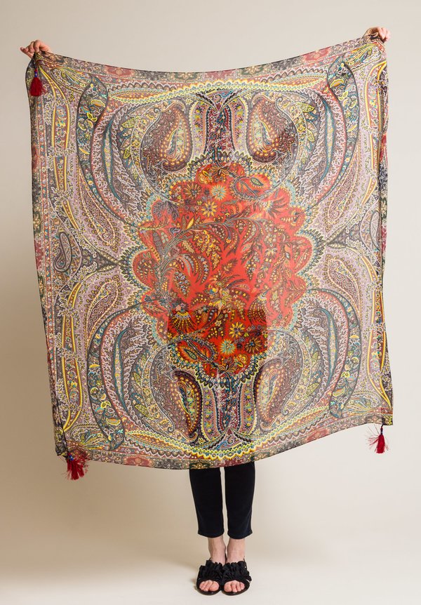 Etro Silk Paisley Tassel Scarf in Multi Red