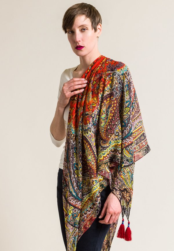 Etro Silk Paisley Tassel Scarf in Multi Red