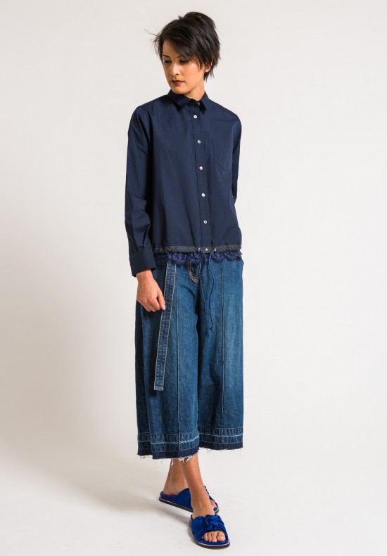 Sacai Blue Button Down Shirt with Drawstring Hem and Lace Lined Hem