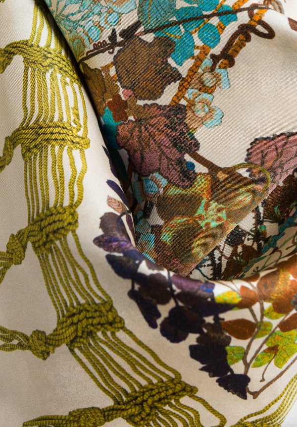 Etro Silk Leaves & Kaleidoscope Print Scarf in Cream
