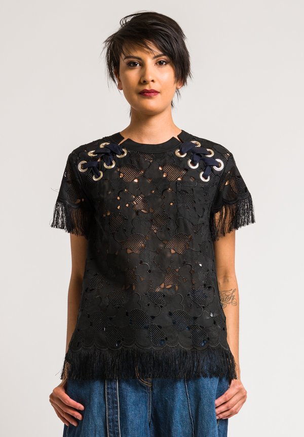 Sacai Black Embroidered Top with Heart and Fringe