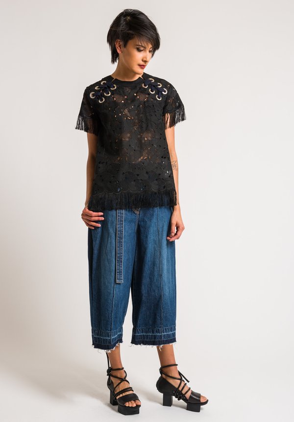 Sacai Black Embroidered Top with Heart and Fringe