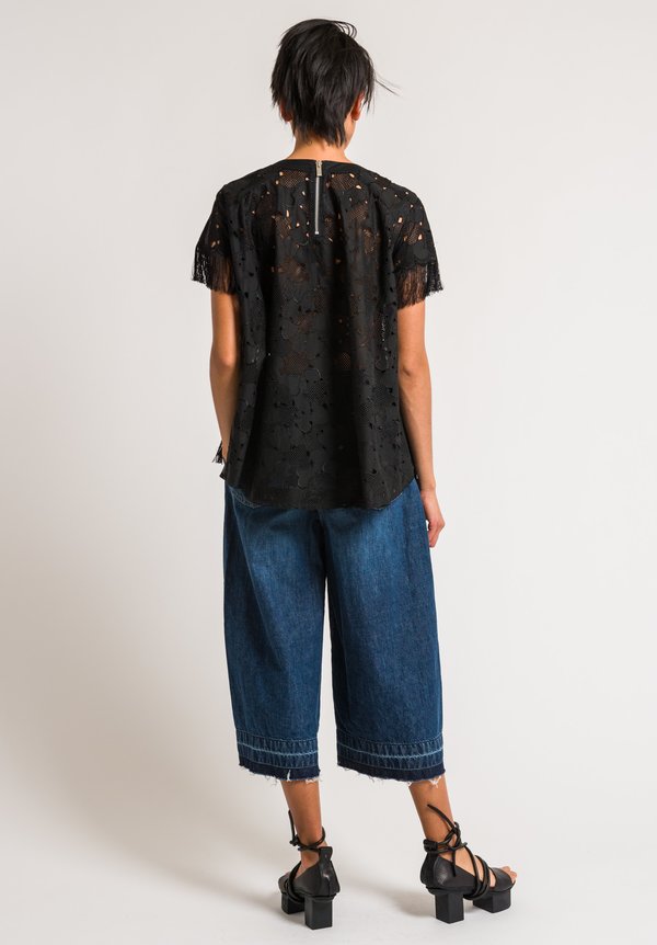 Sacai Black Embroidered Top with Heart and Fringe