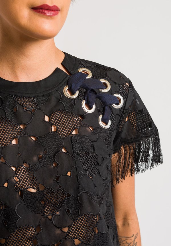 Sacai Black Embroidered Top with Heart and Fringe