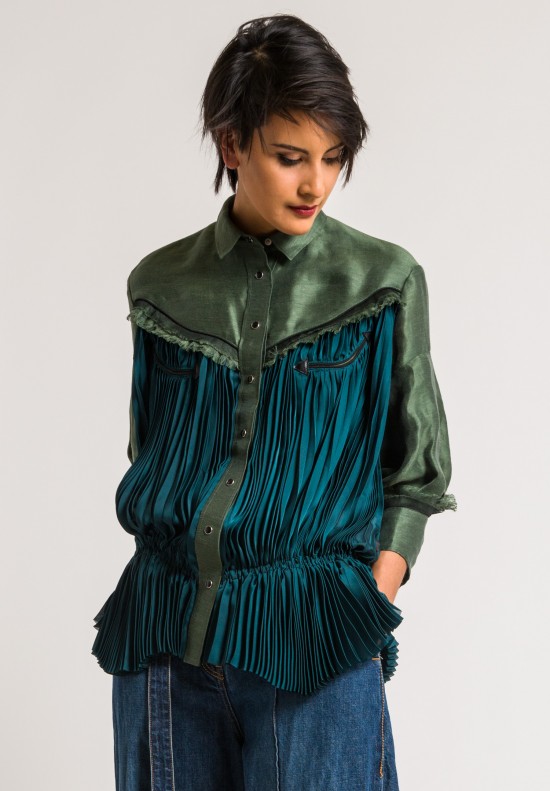 Sacai Blue/Green Western Shirt with Pleats