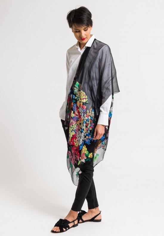 Etro Black Scarf with Floral Embroidery