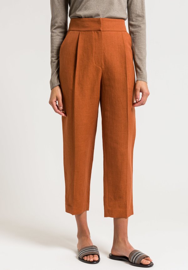 Brunello Cucinelli Linen & Cotton Front Pleat Trouser in Rust