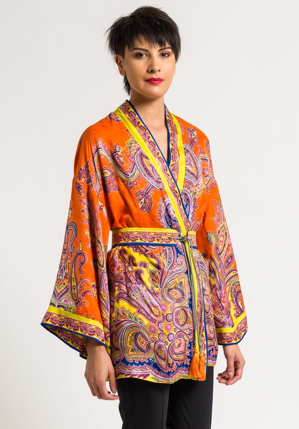 Etro Belted Paisley Open Jacket in Orange