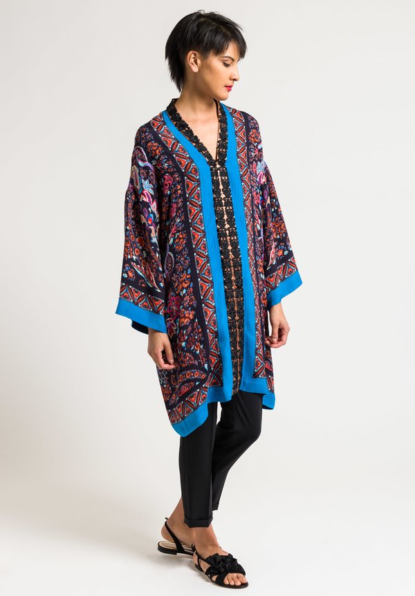 Etro Paisley & Floral Embroidered Center Tunic in Black/Turquoise