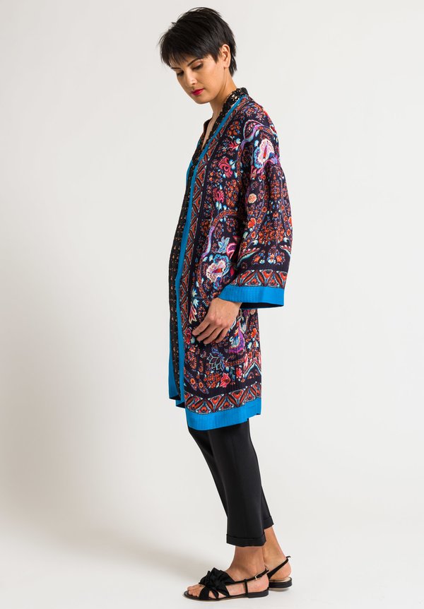 Etro Paisley & Floral Embroidered Center Tunic in Black/Turquoise