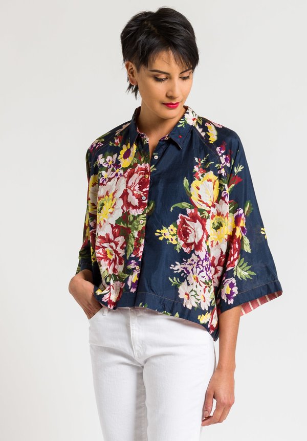 Péro Floral Silk Short Oversize Shirt in Navy Floral | Santa Fe Dry ...