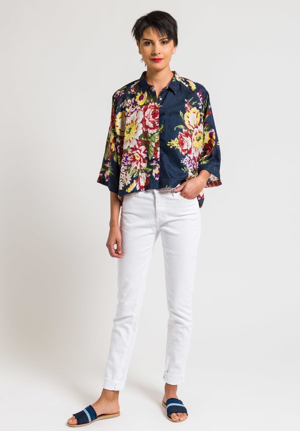 Péro Floral Silk Short Oversize Shirt in Navy Floral | Santa Fe Dry ...