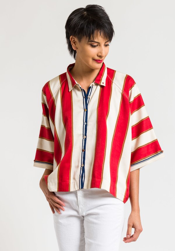 Péro Silk/Cotton Short Oversize Shirt in Red Stripe