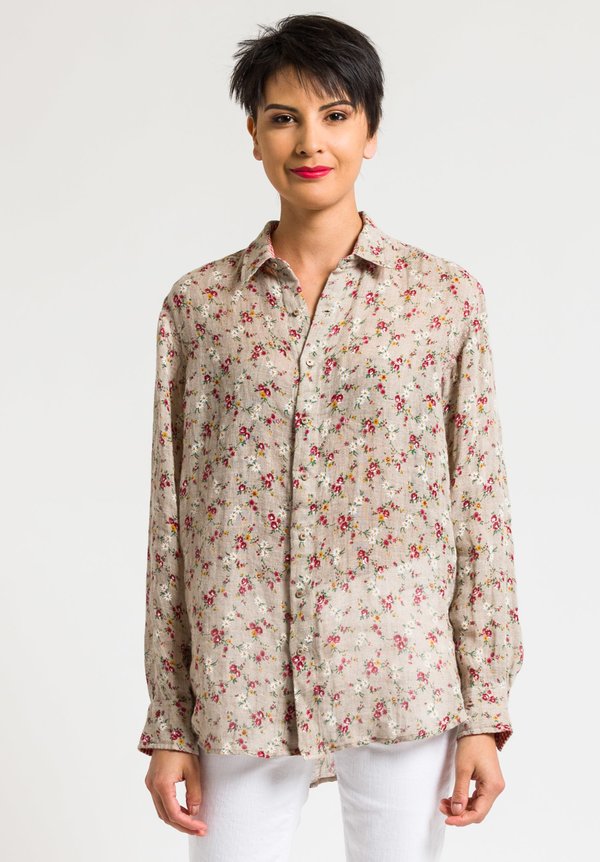 Péro Linen Floral Button-Down Shirt in Natural