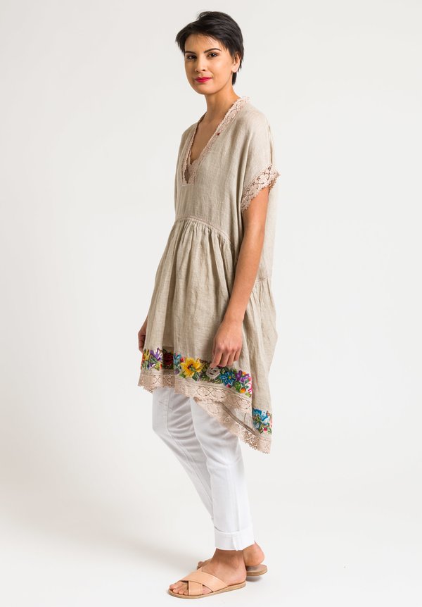 Péro Linen Oversized Sheer Tunic with Embroidered Hem in Natural ...