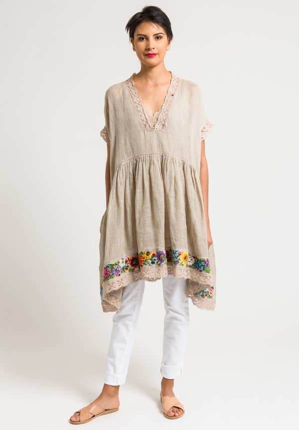 Péro Linen Oversized Sheer Tunic with Embroidered Hem in Natural ...