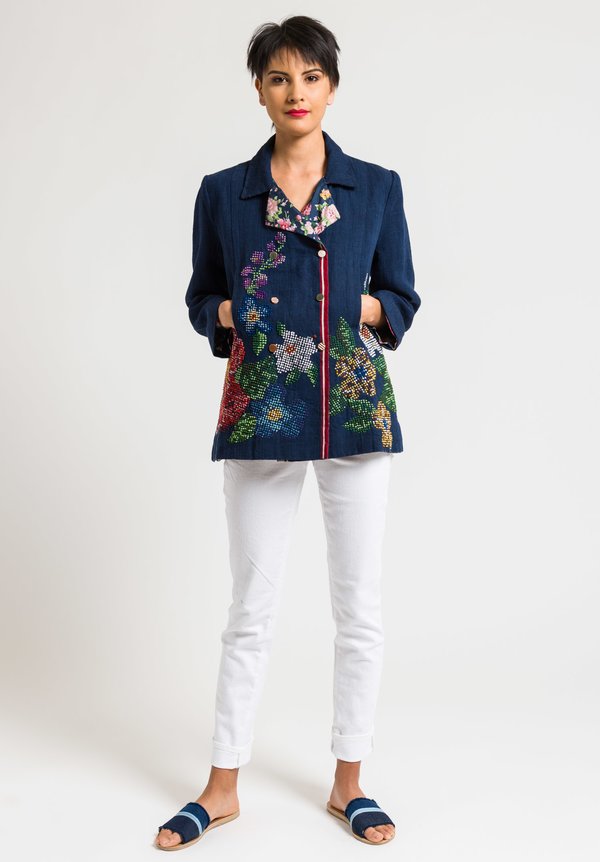Péro Intricate Embroidered Jacket in Solid Navy