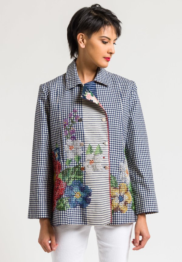 Péro Reversible Intricate Embroidered Jacket in Blue Gingham | Santa Fe ...