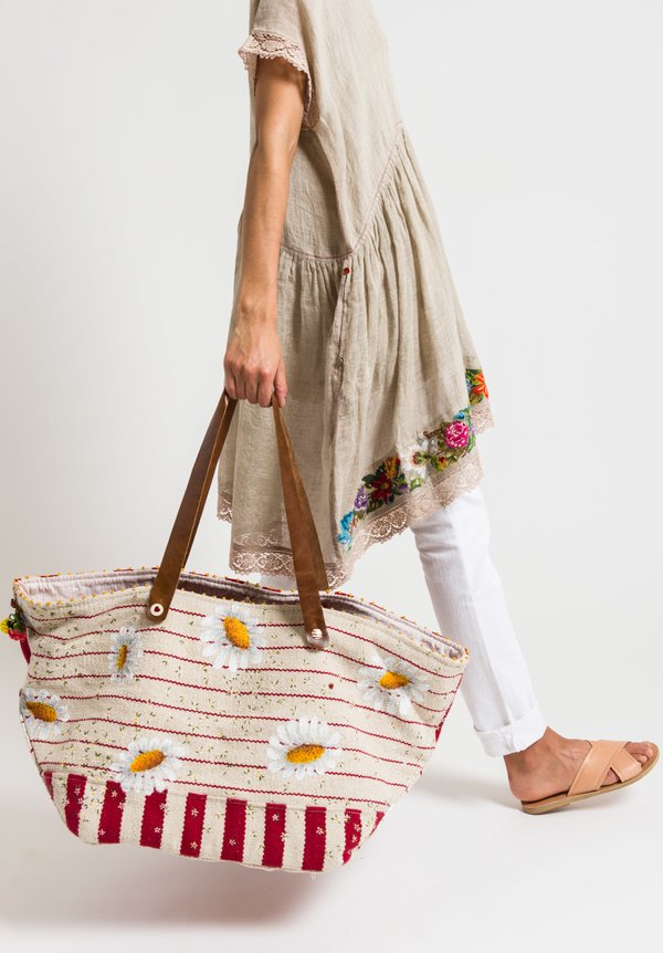Péro Cotton Hand-Painted Striped Daisy Tote in Natural
