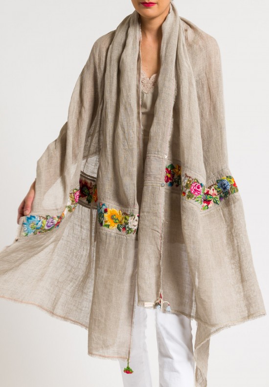 	Péro Embroidered Linen Scarf in Natural