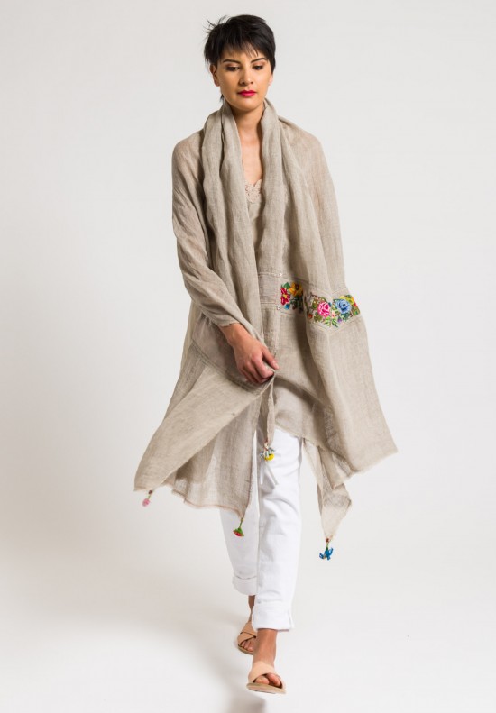 	Péro Embroidered Linen Scarf in Natural