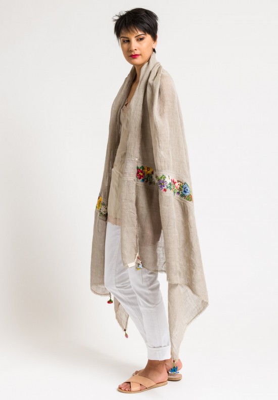 	Péro Embroidered Linen Scarf in Natural