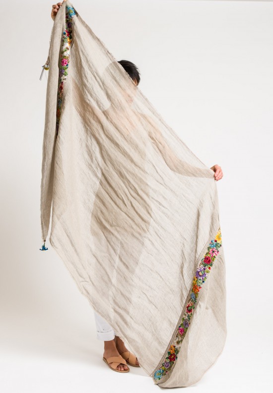 	Péro Embroidered Linen Scarf in Natural