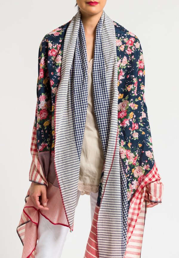Péro Large Cotton/Silk Floral Rumal Scarf in Navy/Red